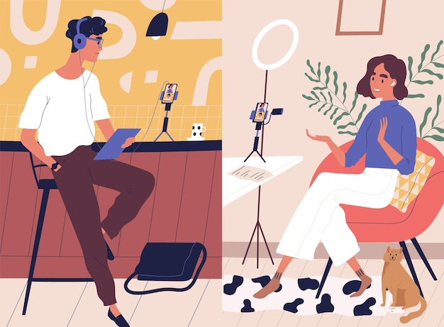 Live streaming, broadcast flat vector illustration. Male and female social media network bloggers collaboration. Vloggers cartoon characters. Interview, podcast, video recording in studio.