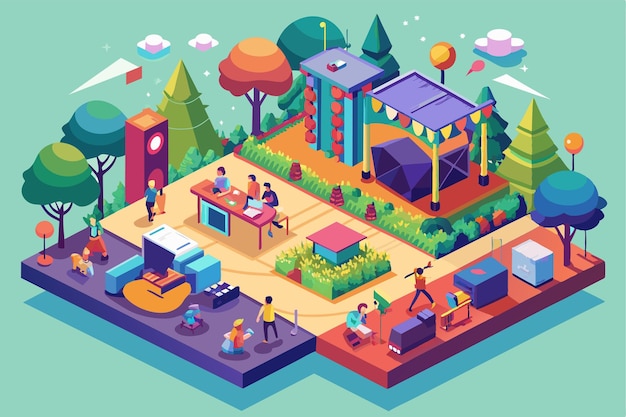 Vector a lively music festival layout showcases performers attendees and food stalls in a colorful park environment music festival customizable isometric illustration