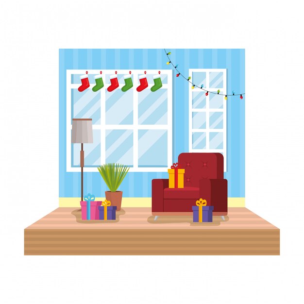 Vector living room with christmas decoration scene