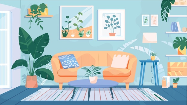 a living room with a couch and a plant in the corner