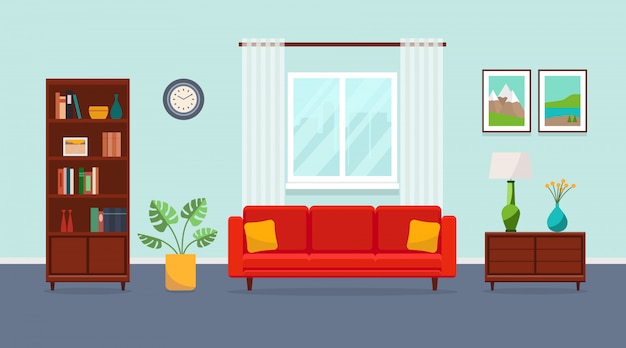 Living room with red sofa, bookcase, torchere, vase, plant, paintings and window.  flat illustration.