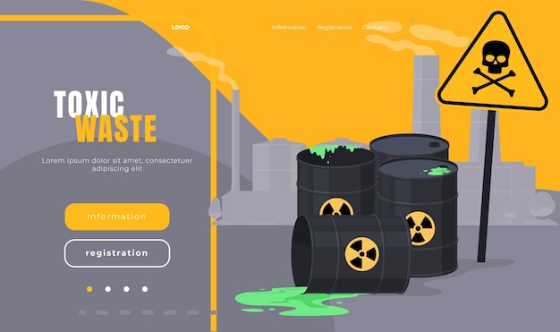 Vector loading page with radioactive waste in barrels industrial environmental pollution with toxic and chemical waste vector illustration