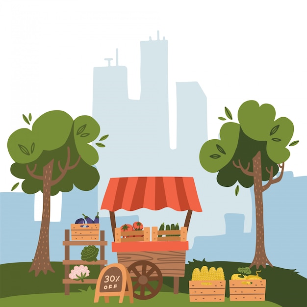 Local market stall place with fresh foods. Farm fruit and vegetable on city view background with trees, Cartoon flat style illustration.