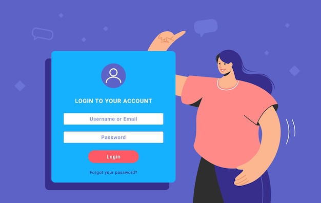 Vector login form and information security to social media and personal accounts. flat teenage woman standing and pointing to login an account. password authentication form template design on blue background