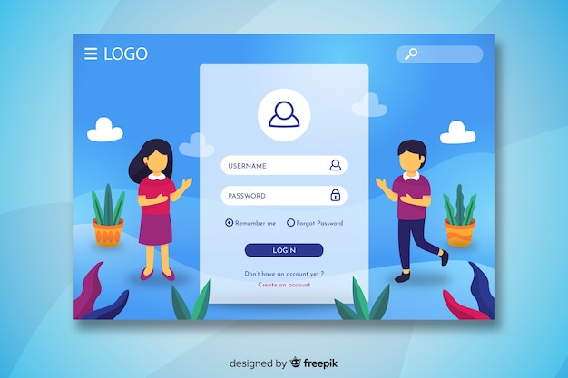 Vector login landing page with characters