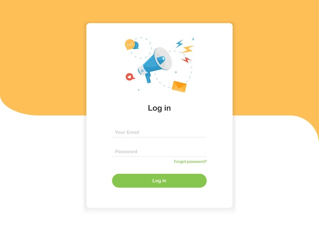 Vector login pop up landing page template form with megaphone in flat design