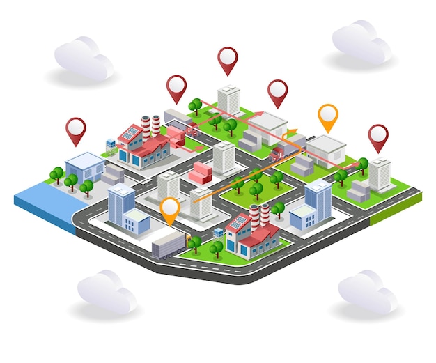 Vector logistics delivery truck in isometric map illustration