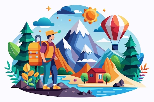 Vector a lone hiker with a backpack stands in front of a mountain range with a hot air balloon and house in the distance