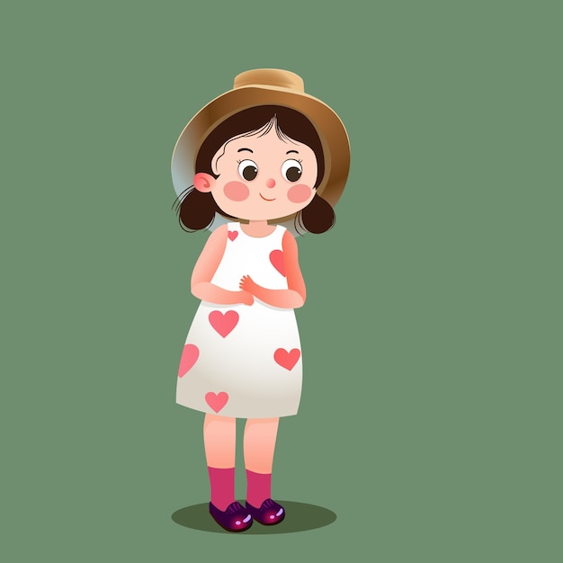 Vector long dress girl in straw hat kids vector fairy tales characters