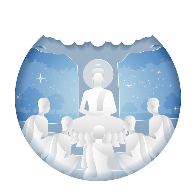 Lord of Buddha teach five ascetics to be enlighten with paper art design vector illustration