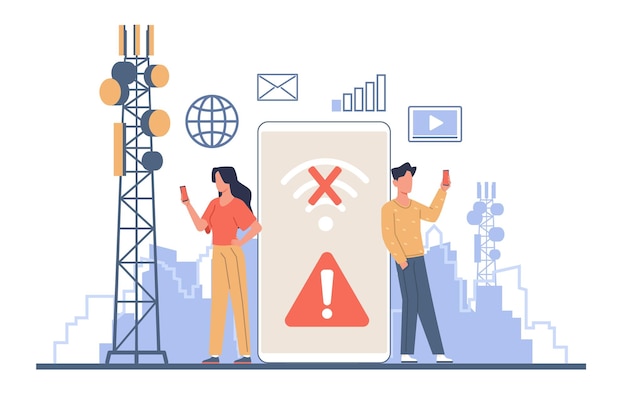 Vector loss of wireless connection no wifi signal huge smartphone antenna internet towers man and woman hold phone link error cartoon flat isolated illustration vector concept