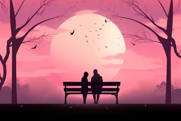 Vector love birds couple sitting under a bench