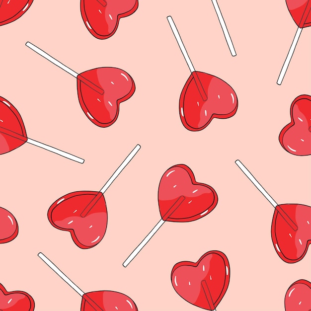 Love candy. Seamless pattern with red heart shaped lollipop