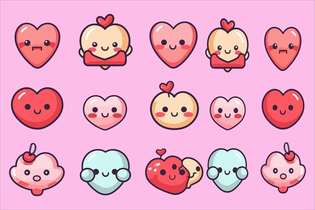 Vector love heart kawaii icon set vector