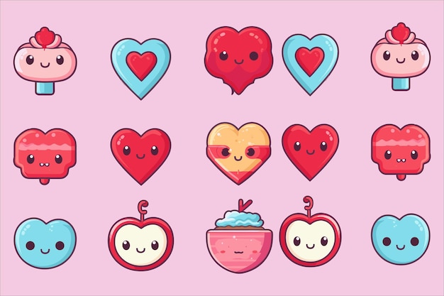 Vector love heart kawaii icon set vector