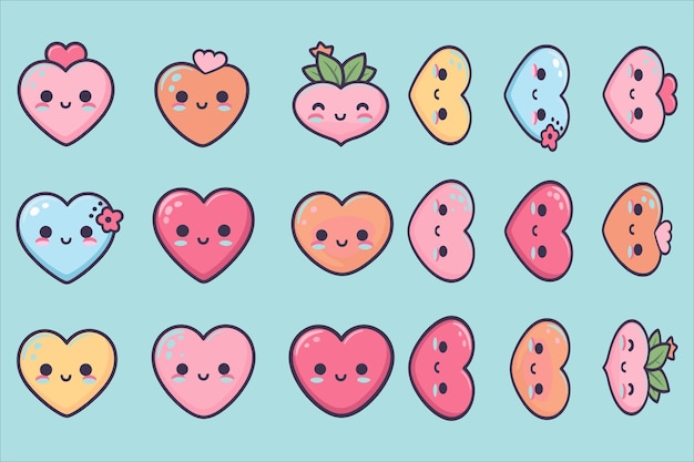 Vector love heart kawaii icon set vector