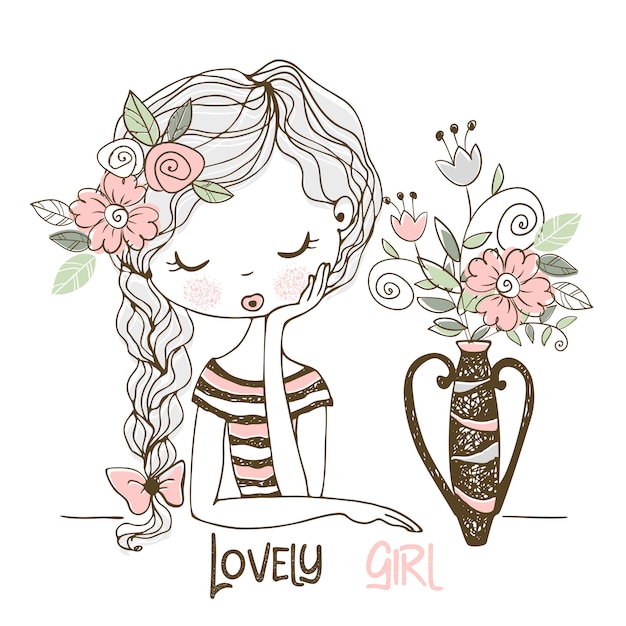 Lovely girl with flowers in a vase.  Doodle style.