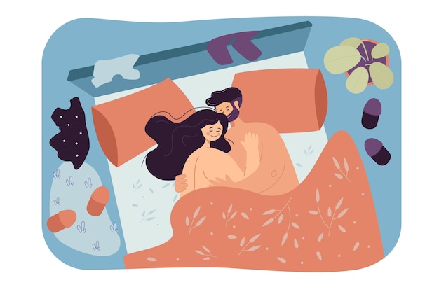 Loving couple lying in bed together. Flat illustration