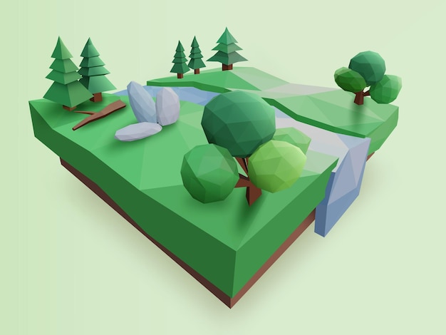 Vector low poly geometric forest, tree, river, and rock low polygonal style, vector illustration