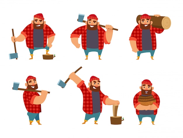 Lumberjack in different poses holding axe in hands. 