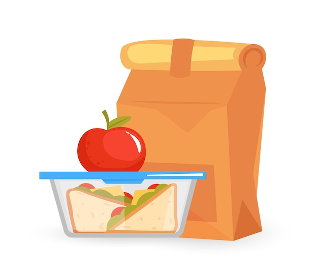 Lunch bag with healthy food apple and sandwich