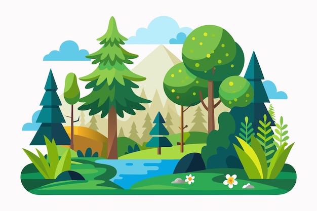 Vector a lush forest scene with a winding river and mountains in the distance