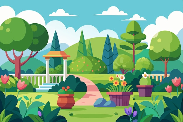 Vector a lush garden with a gazebo and blooming flowers