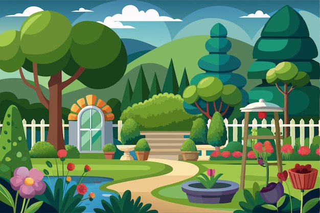 Vector lush garden with winding path pond and flowers