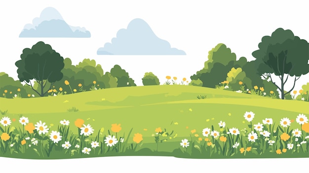 Vector lush green field with trees and flowers landscape view