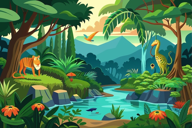 Vector lush jungle landscape with tiger pterodactyl and river