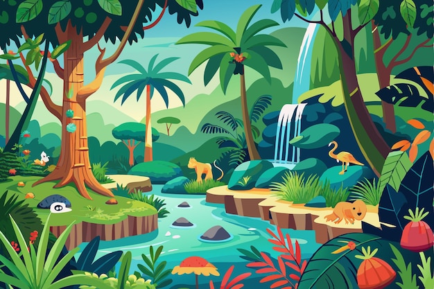 Vector lush tropical rainforest scene with waterfall and creek