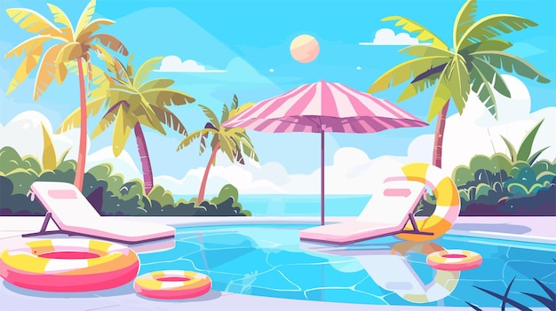 Vector luxurious landscape with swimming pool on a summer holiday