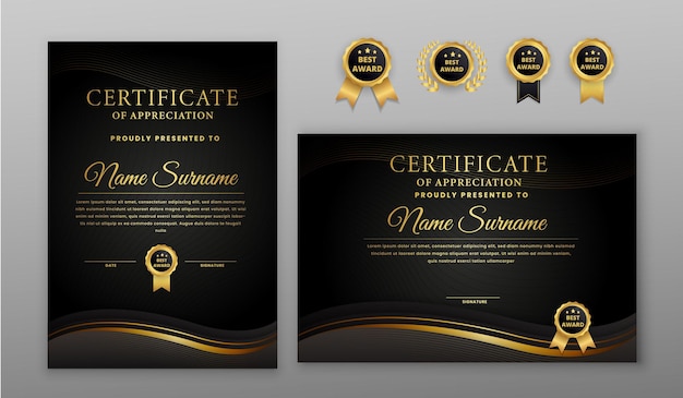 Luxury black and gold halftone certificate with badge and border template