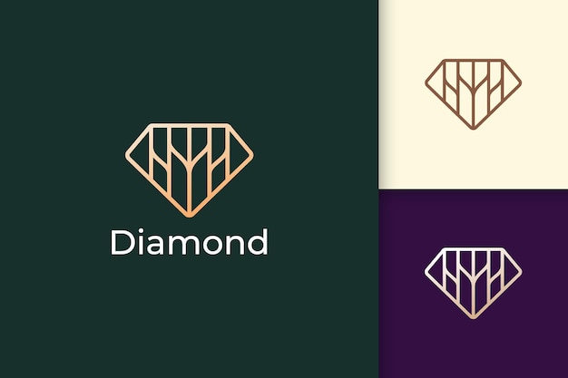 Luxury gem or jewel logo in diamond line shape with gold color