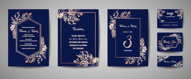 Luxury Wedding Save the Date, Invitation Navy Cards Collection with Gold Foil Flowers and Leaves and Wreath. Vector trendy cover, graphic poster, geometric floral brochure, design template