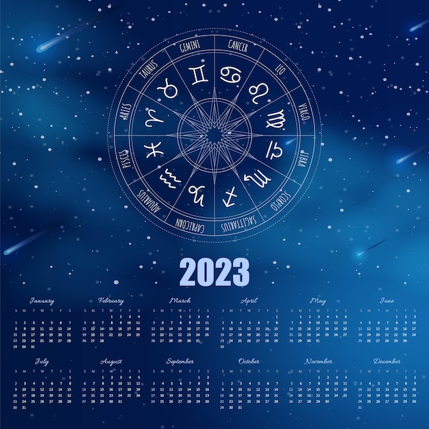 Magic calendar 2023 with zodiac signs Horoscope wall picture design