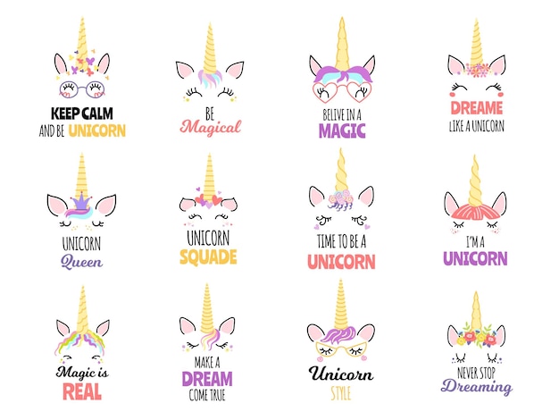 Magic unicorns quotes Belive in magic never stop dreaming and unicorn style print vector set