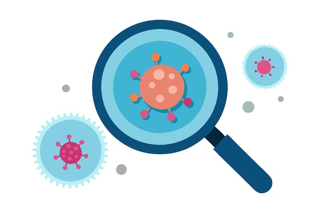 Vector magnifying glass zooming in on a virus representing medical research and analysis