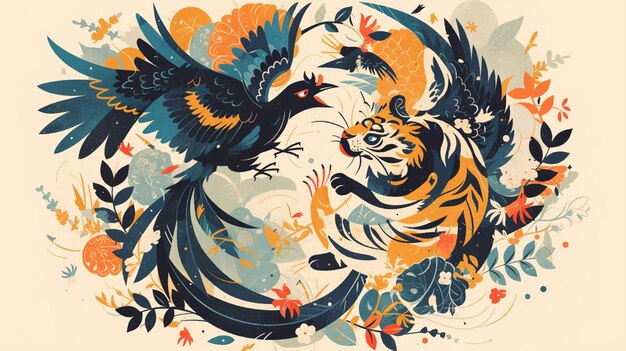 Vector magpies and tigers in folk art