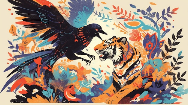 Vector magpies and tigers in folk art