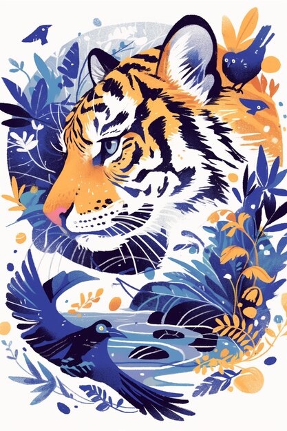 Vector magpies and tigers in folk art