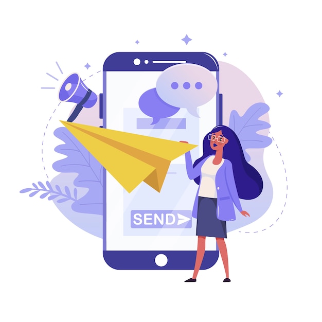 Mail Service and Mobile Notification flat illustration. Chatting and Online Communication color design. Smartphone and Woman Throw Paper Plane  colorful metaphor, isolated on white background.