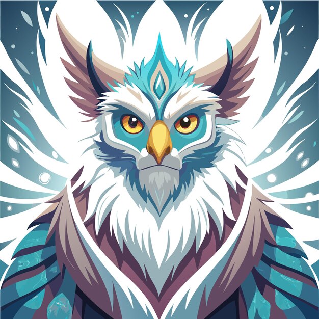 Vector a majestic blue and white owl with a crown set against a starry background