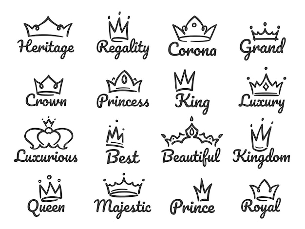 Majestic crown logo. Sketch prince and princess, hand drawn queen sign or king crowns graffiti  illustration set