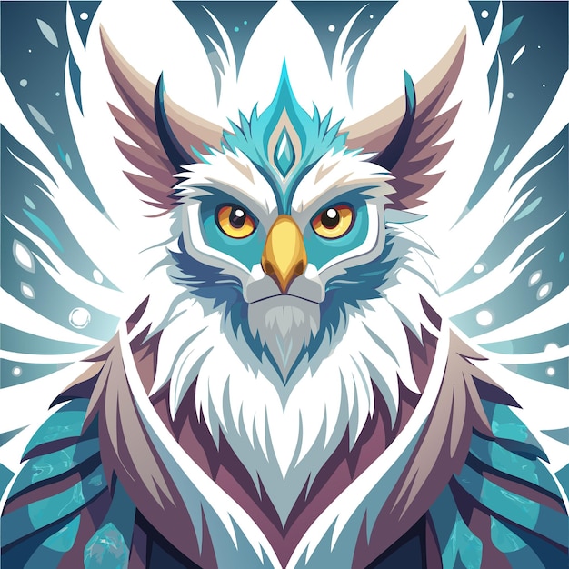 Vector a majestic white owl with piercing yellow eyes and a blue crown surrounded by a mystical aura facing the viewer