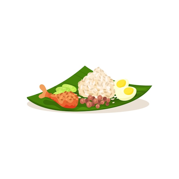 Malaysian nasi lemak on green leaf Rice with boiled egg chicken leg sliced cucumber and peanuts Traditional Asian food Graphic element for cafe or restaurant menu Isolated flat vector design