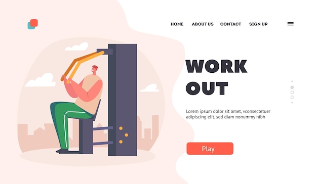 Male Character Fitness Workout Sport Landing Page Template Man Bodybuilder Pumping Muscles in House Yard Sportsman Work on Training Apparatus for Strong Arms Cartoon People Vector Illustration