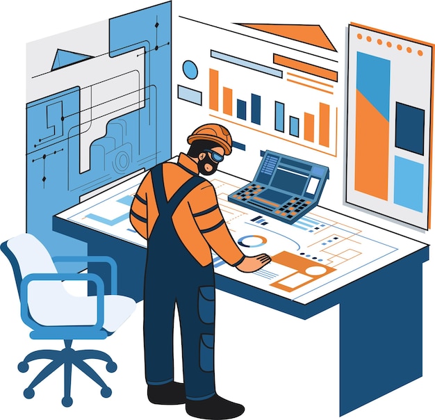 Vector male engineer supervising construction work illustration in doodle style