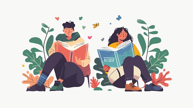 Vector male and female characters reading books together