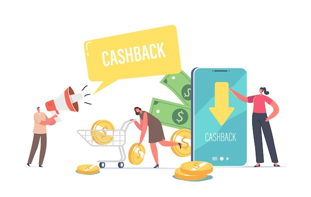 Vector male and female characters use cashback application online virtual cash back service concept